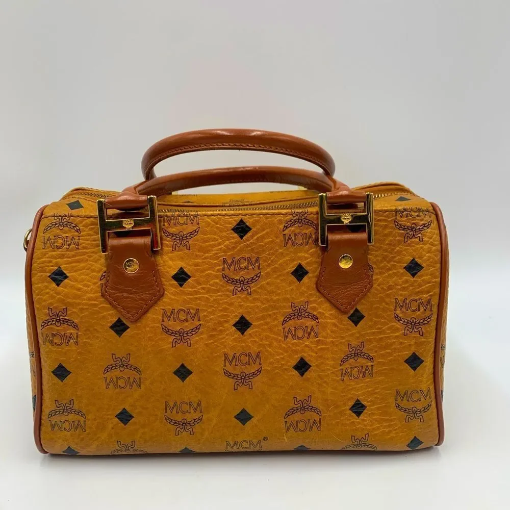 Auth MCM Visetos Cognac Brown Coated Canvas Leather Boston Tote Handbag Preloved